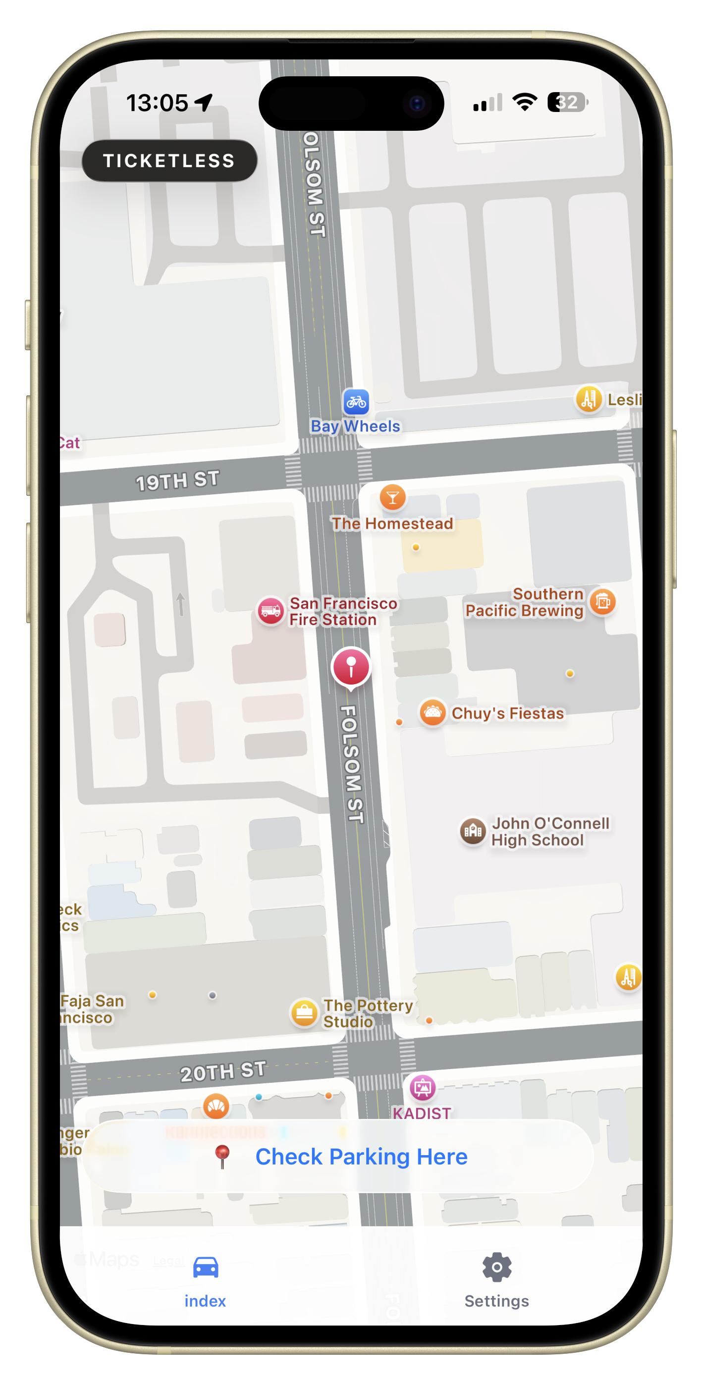 TICKETLESS app screen showing parking detection feature