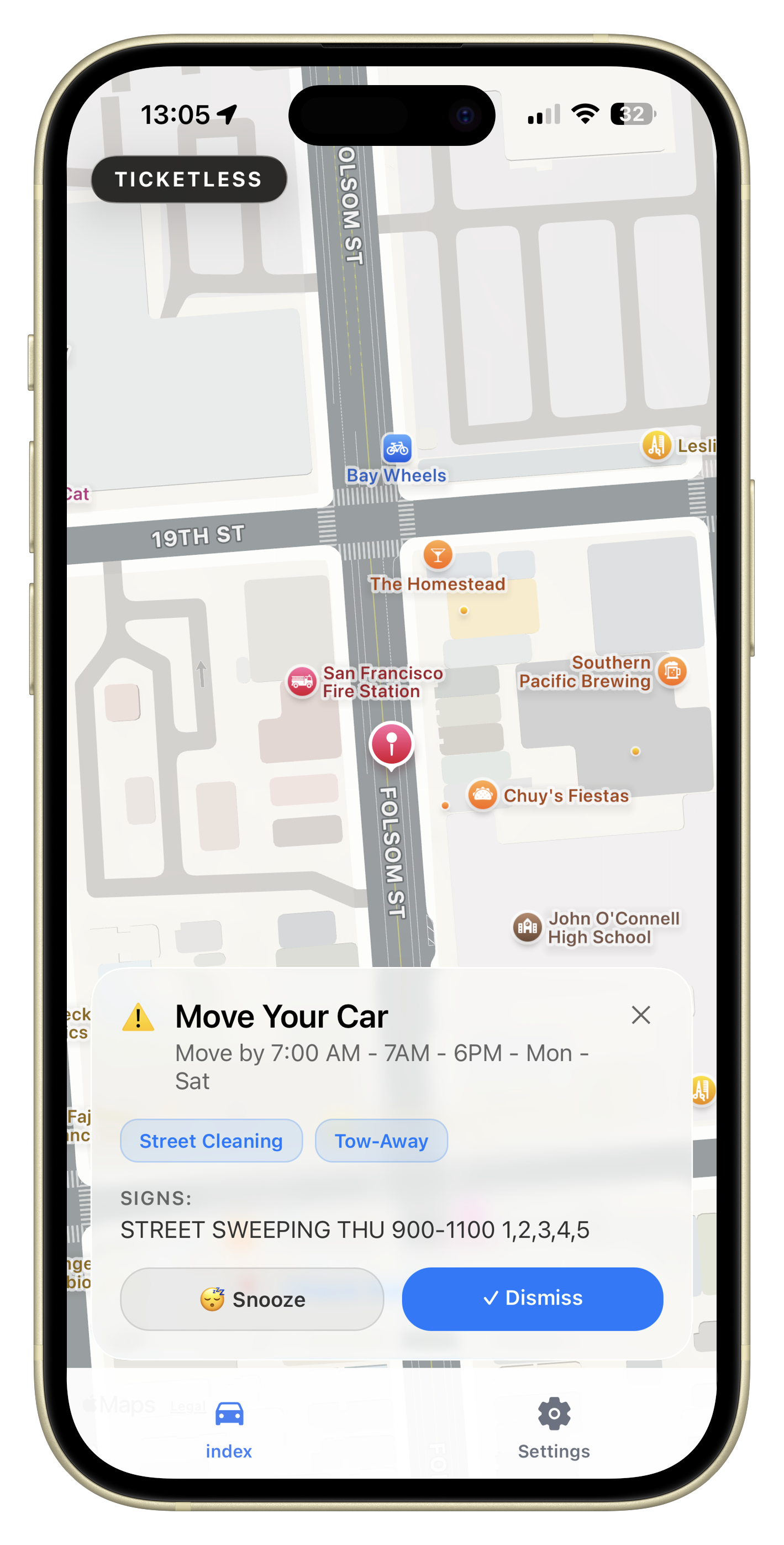TICKETLESS app screen showing parking restrictions