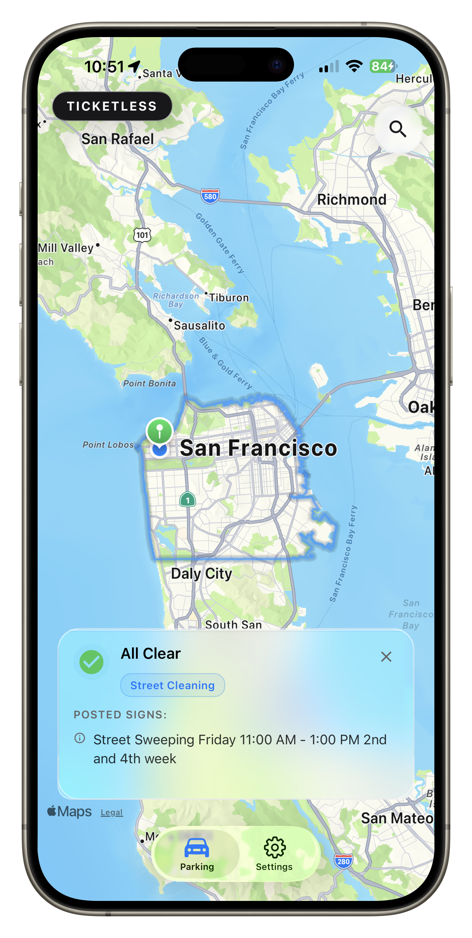 TICKETLESS app screen showing parking restrictions